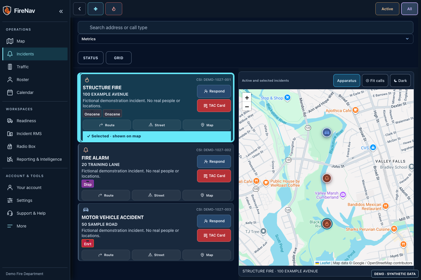 Actual FireNav PWA wide screen showing fictional incidents and units