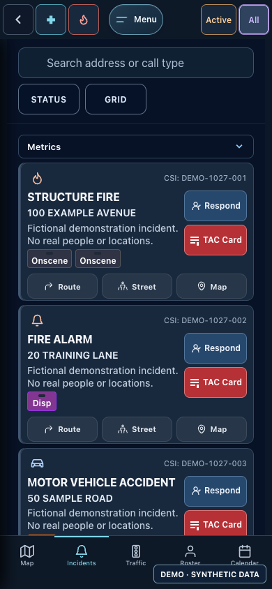Actual FireNav phone incident screen with fictional calls