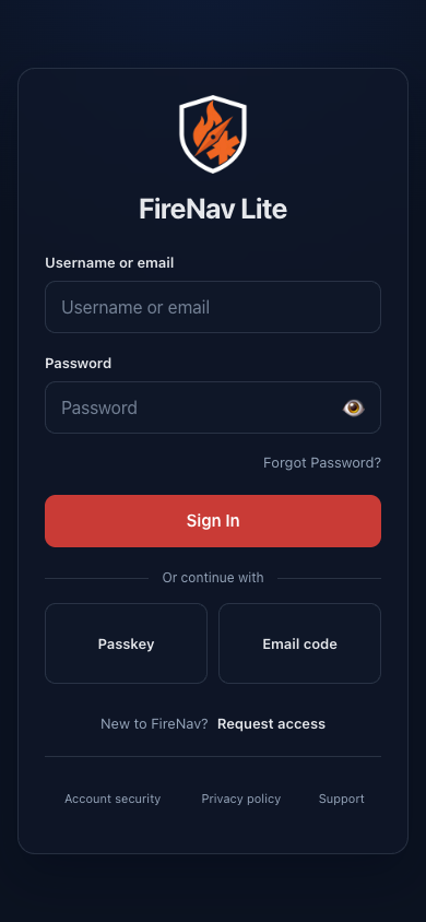 Current FireNav sign-in screen with empty fields