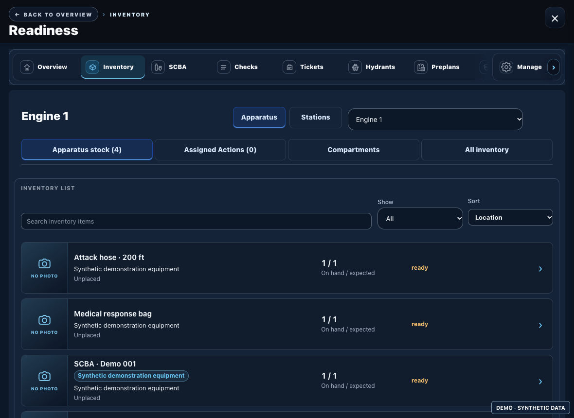 FireNav Readiness screen showing fictional apparatus and checks