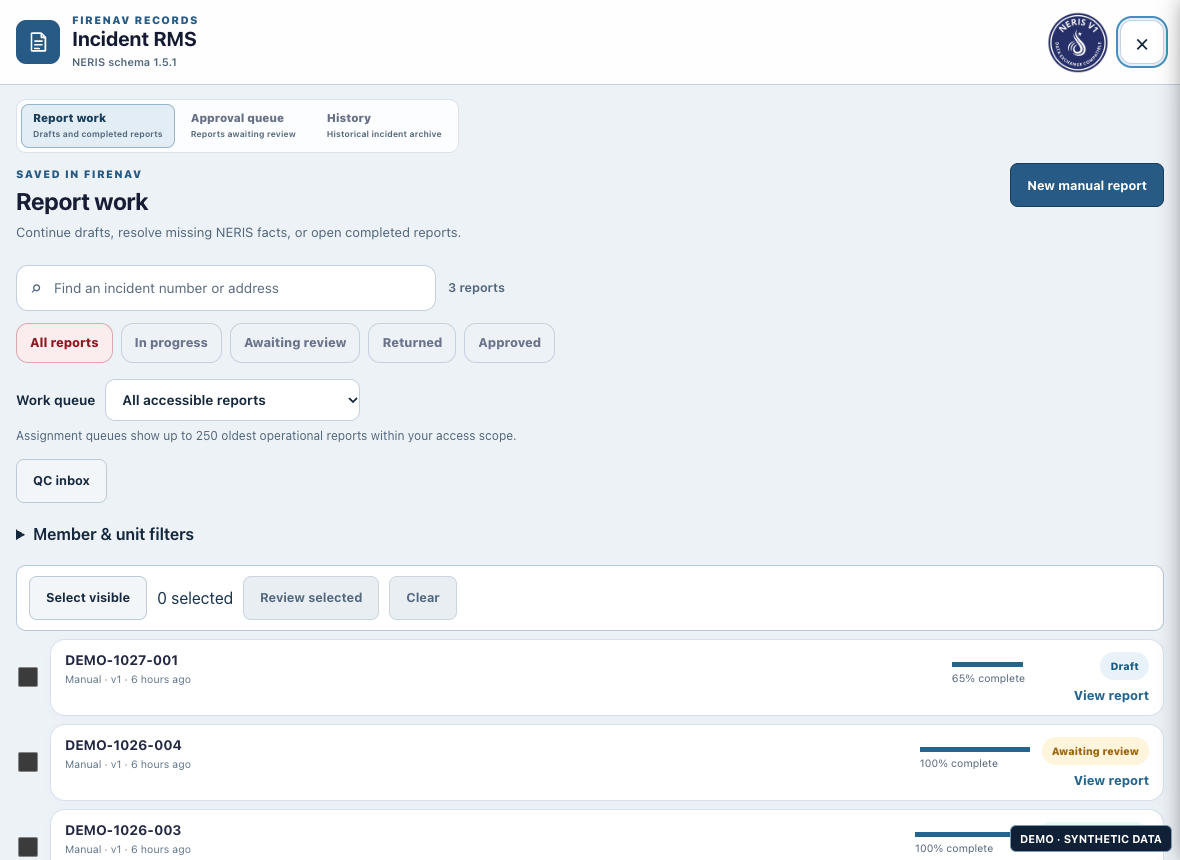 FireNav incident RMS workflow with fictional demonstration records