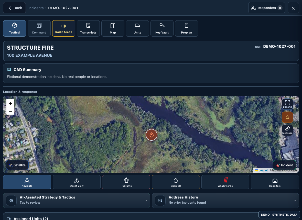 Current FireNav TAC workspace with a fictional incident and apparatus